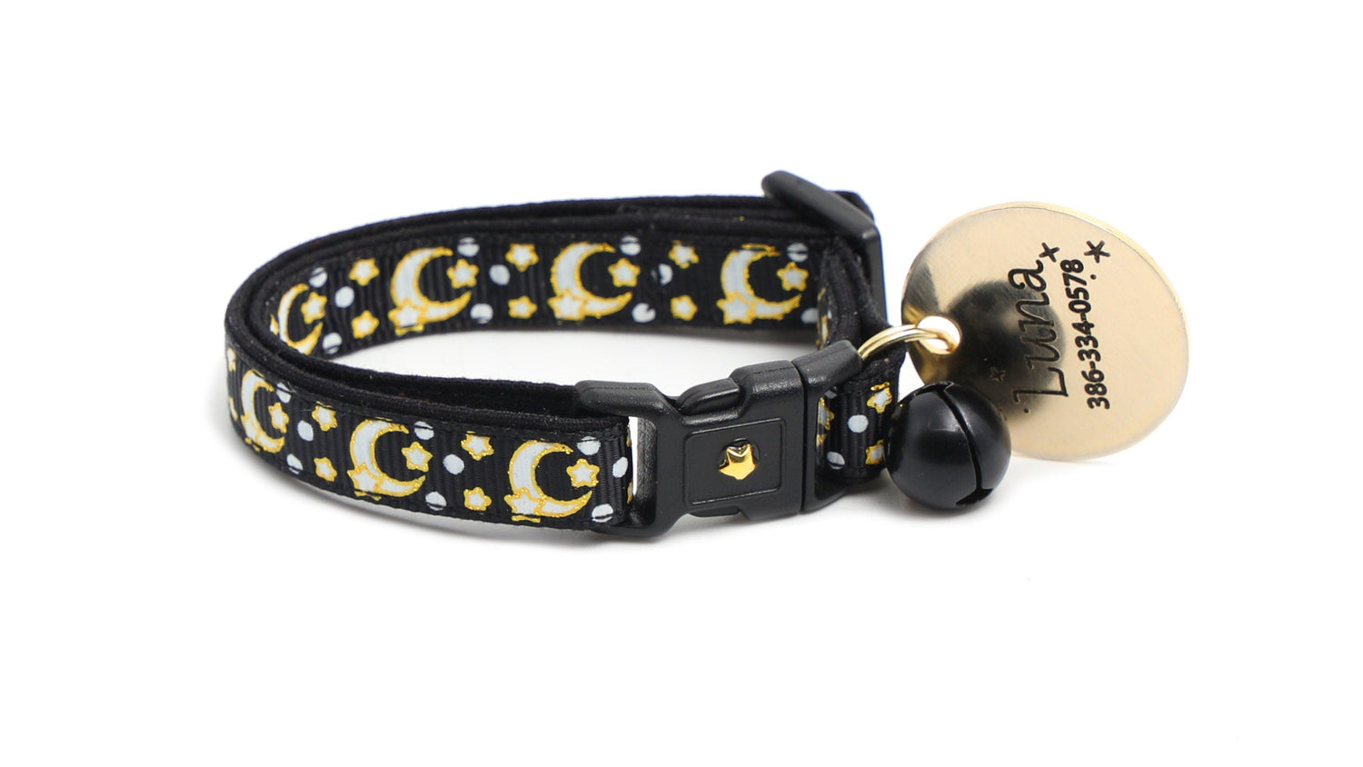 Gold Moons and Stars on Black V2 Cat Collar-7